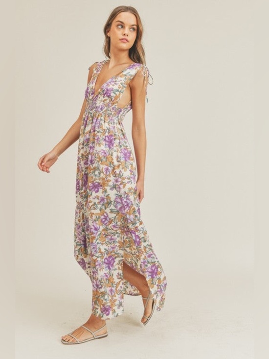 Lush Dresses & Skirts - Lush Floral V-Neck Maxi Dress in Purple and Cream